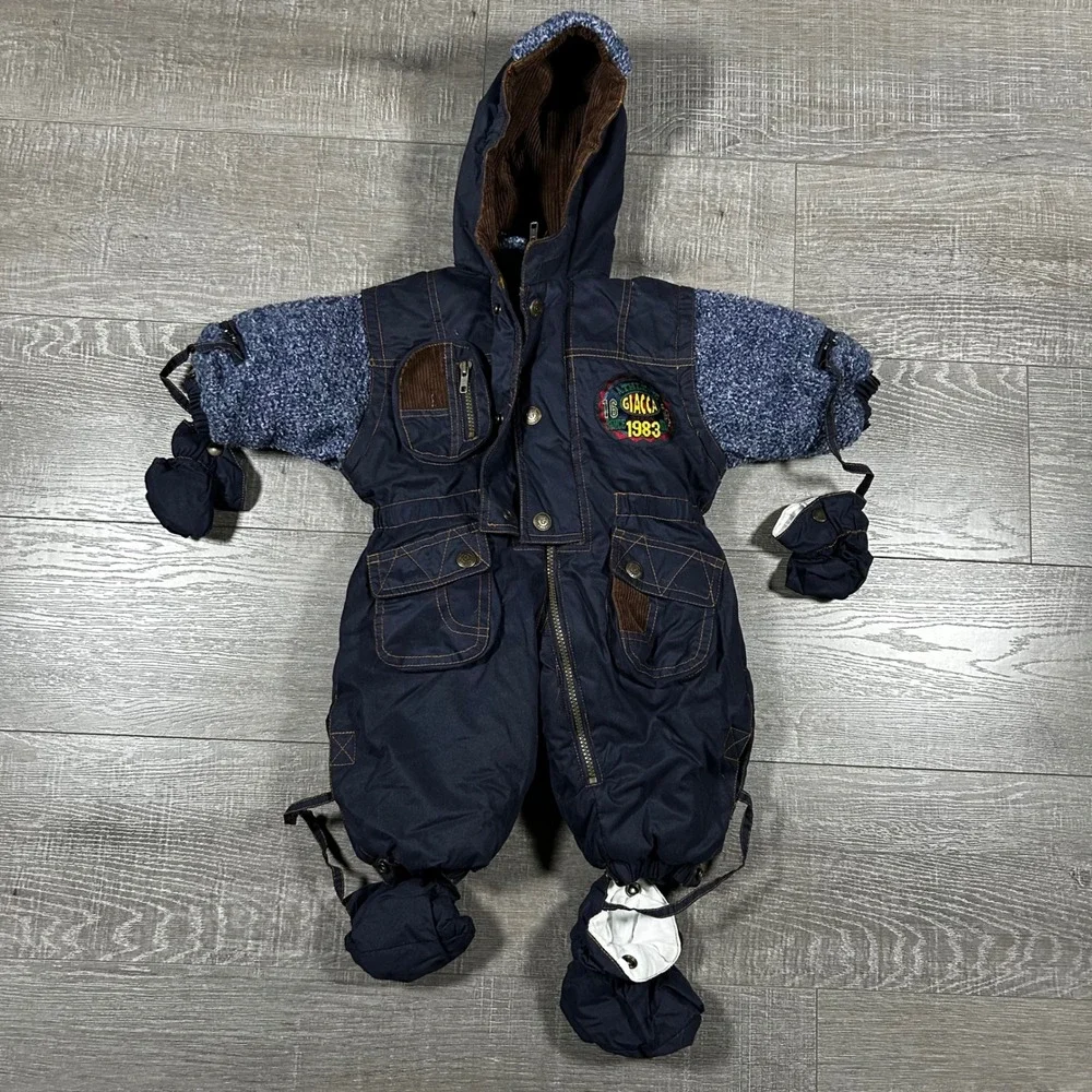 VTG Giacca Young Gallery Baby Snowsuit BuntingNavy Blue 12 Months Mittens Hooded